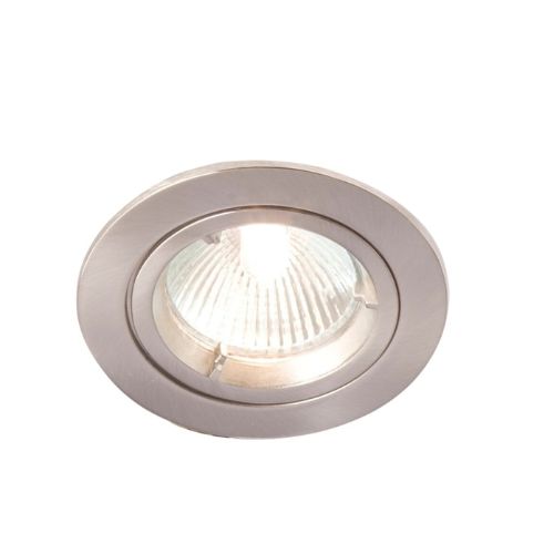 A flush-mount recessed LED downlight with a brushed silver metal frame and a ribbed clear glass reflector, shown illuminated against a plain white background.