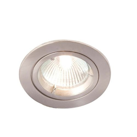A flush-mount recessed LED downlight with a brushed silver metal frame and a ribbed clear glass reflector, shown illuminated against a plain white background.